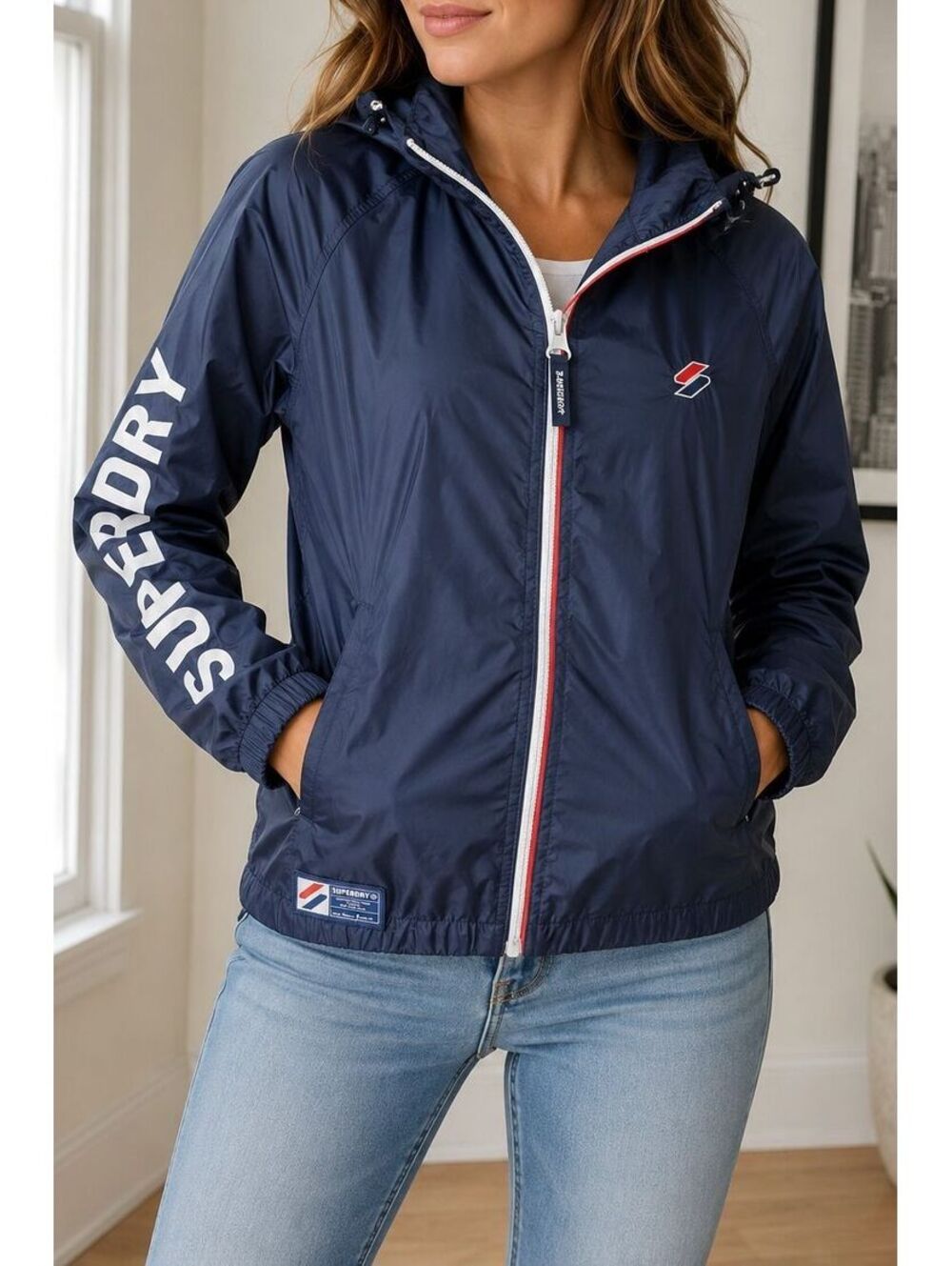 Superdry Unisex Navy Hooded Windbreaker Jacket Full Zip Lightweight Y2K